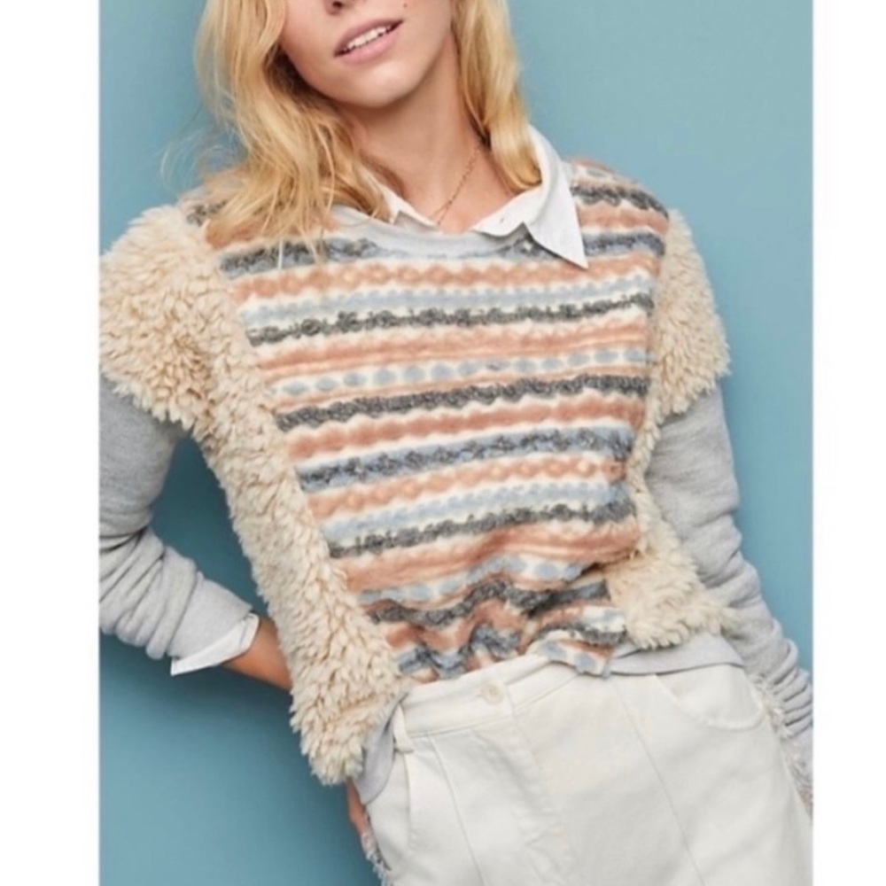 Cozy Striped Faux-Shearling Pullover Top - Cream & Gray